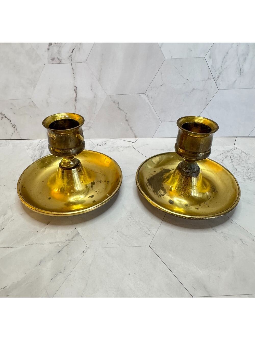 Antique Solid Brass Candlestick Holders Pair 19th Century 3" Made in England